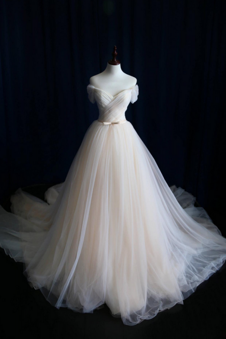 A-line Wedding Dress, Off-shoulder Wedding Dress,tulle Bridal Dress,pleat Bridal Dresses,customized Made Wedding Dress