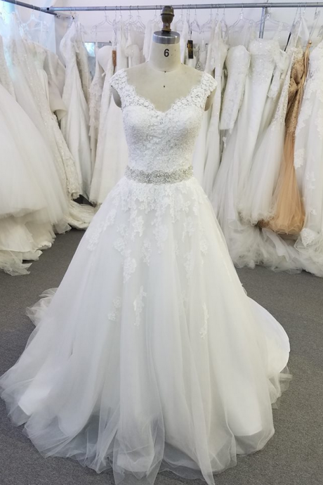 Charming V-neck Back A Line Lace Wedding Dresses,beading Belt Bridal Dresses, Wedding Dresses