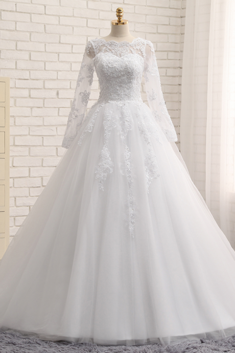 Sublimate A-line Wedding Dresses Jewel Chapel Train Long Sleevetop Applique Sequined Tulle White Or Ivory Bridal Gowns