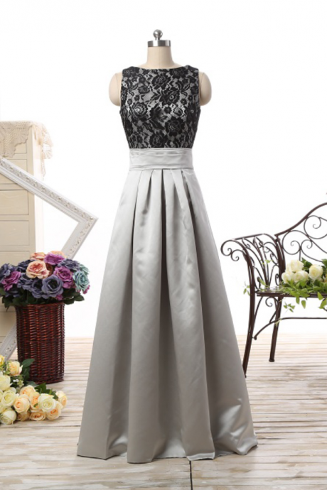 Decent Silver Prom Bridesmaid Dresses Scoop Low Back Black Lace A Line Evening Formal Gowns