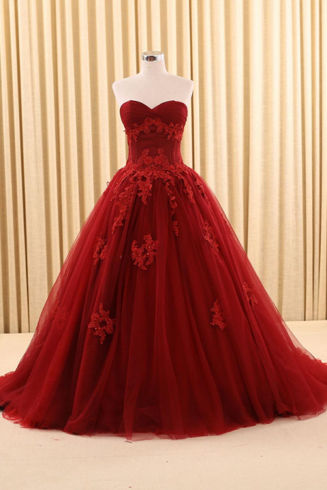 Vintage Burgundy Prom Formal Wedding Gowns Sweetheart Applique Sweep Tulle Ball Gown Quinceanera Dresses