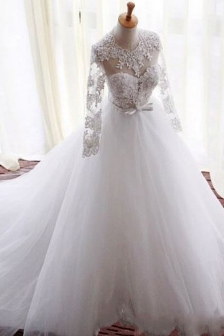 Romantic A Line Wedding Dresses See Through Lace Long Sleeve Princess Bridal Gowns White/ivory Custom