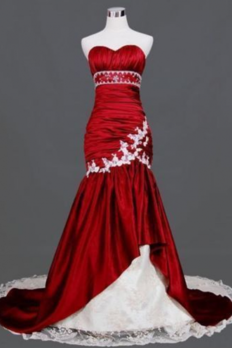 Vintage Red/white Mermaid Wedding Dresses Sweetheart Lace Up Sweep Applique Lace Bridal Gowns