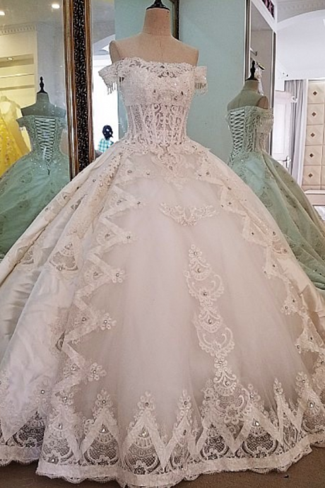 ivory bridal gown lace beading off the shoulder ball gown lace wedding dress