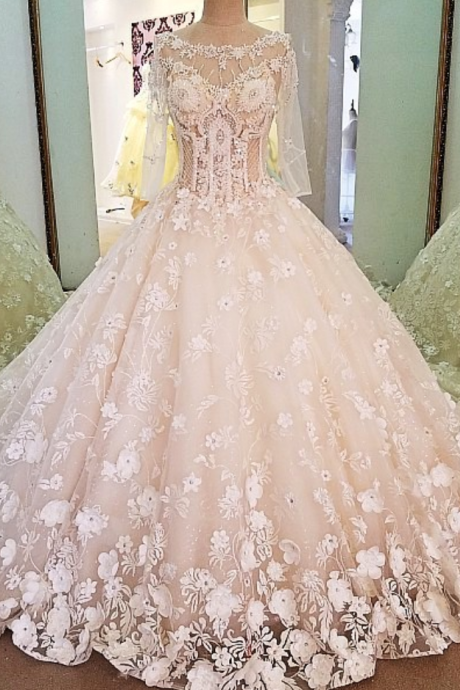 Luxury Bridal Gown With Sleeves Beading 3d Flowers Ball Gown Lace Wedding Dress