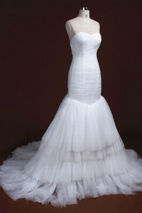 Strapless Sweetheart Ruched Mermaid Wedding Dress With Tiered Skirt And Long Train