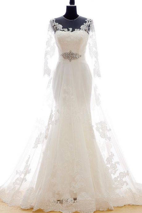 Sheer Illusion Lace Long Sleeved Mermaid Wedding Dress Featuring Lace-up Back And Court Train