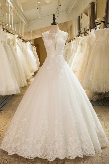 A-line Sleeveless Tulle Lace Appliques Wedding Dress