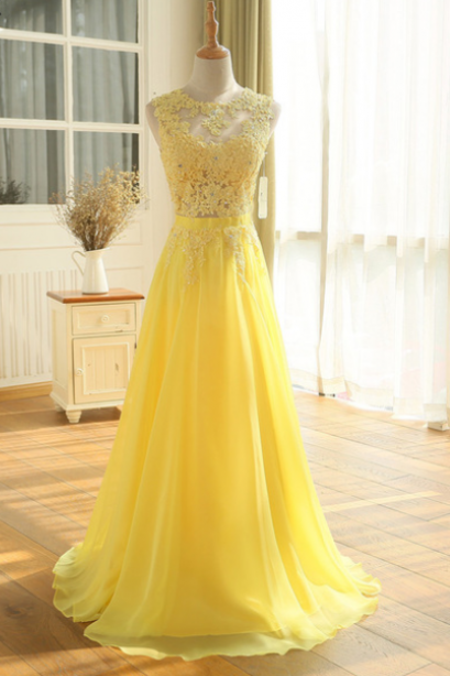 Sexy See Through Lace Top Long Prom Dresses Yellow Chiffon Evening Dress Party
