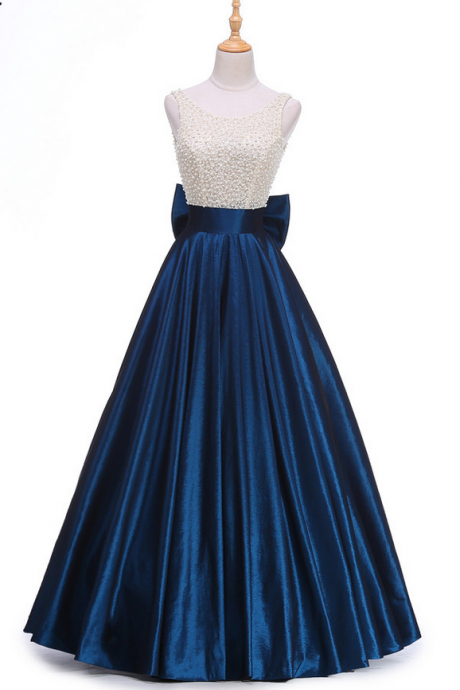 Design Vestido Longo Royal Blue Beading Top Vintage Prom Dress Robe De Soiree Big Back Bow Long Evening Dress