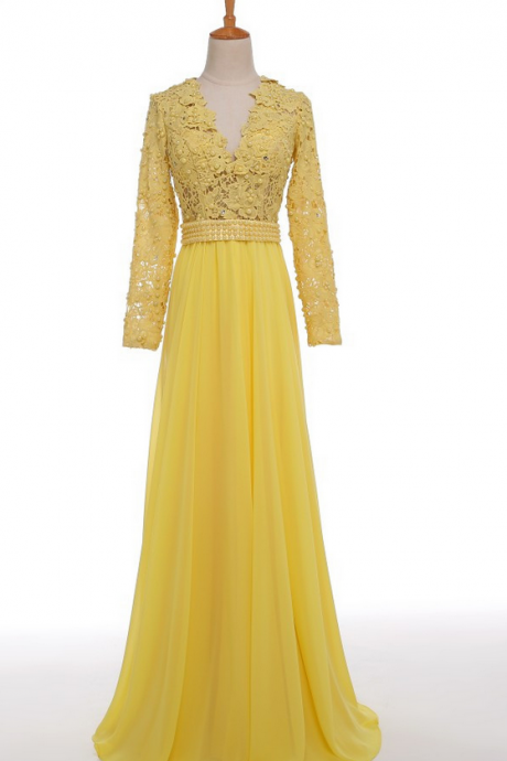Gorgeous Long Sleeves Lace Top Elegant Yellow Evening Dress Party Elegant Prom Dresses