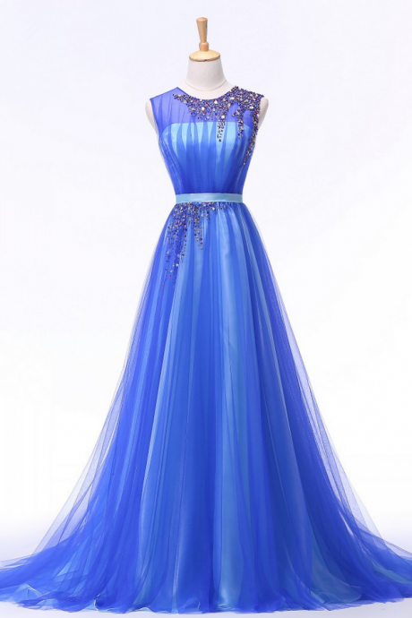 Fashion A-line Blue Evening Dresses Long Tulle Sleeveless Beaded Lady Prom Gowns