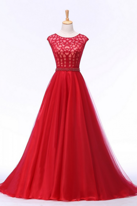 Design Long Red Tulle Evening Dresses Party Dress Robe De Soiree Formal Dress Grid Beaded Crystal Evening Gown