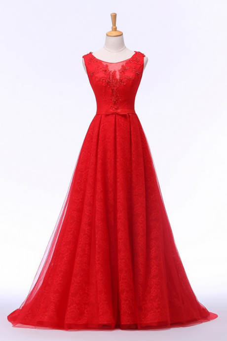Robe De Soiree Scoop Bow Appliques Beading Long Red Evening Dress Elegant Lace Romantic Formal Dresses