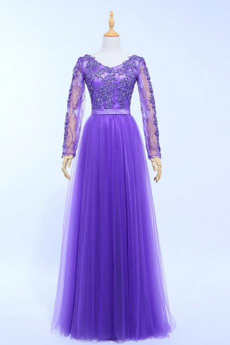Long Sleeves Tulle Purple Party Beads Appliques Top With Sash Long Evening Dresses Prom Dress Prom Dress