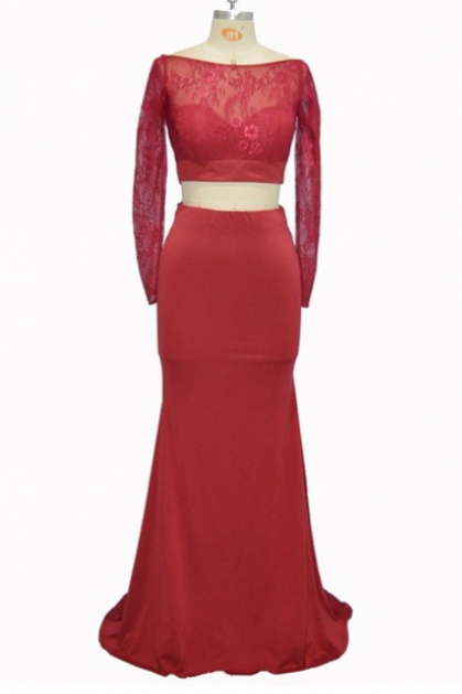 Design Mermaid 2 Piece Prom Dresses Burgundy Long Sleeve Lace Floor-length Sexy Backlass Prom Gown