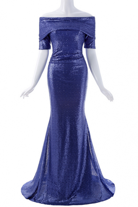 Off The Shoulder Long Prom Dresses Strapless Sequins Mermaid Evening Dress Floor Length Blue Graduation Gown