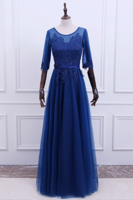 Elegant O-neck A-line Floor Length Lace Evening Dress Robe De Soiree Party Dress With Half Sleeves