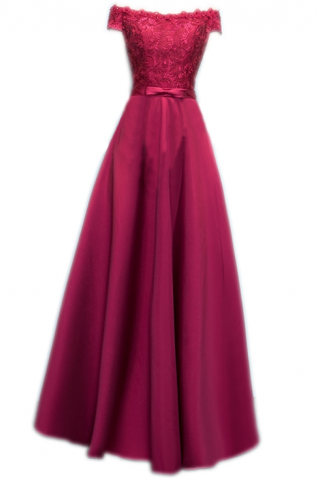 -line Evening Dress Dark Red Vestido Satin Boat Neck Lace Custom Made Prom Dress Women Formal Dresses