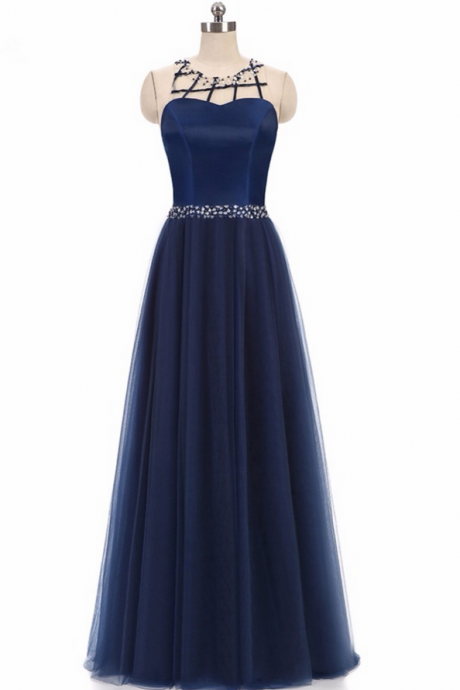 Elegant A-line Beading Evening Dress Dark Navy Prom Dresses Robe De Soiree Party Dress