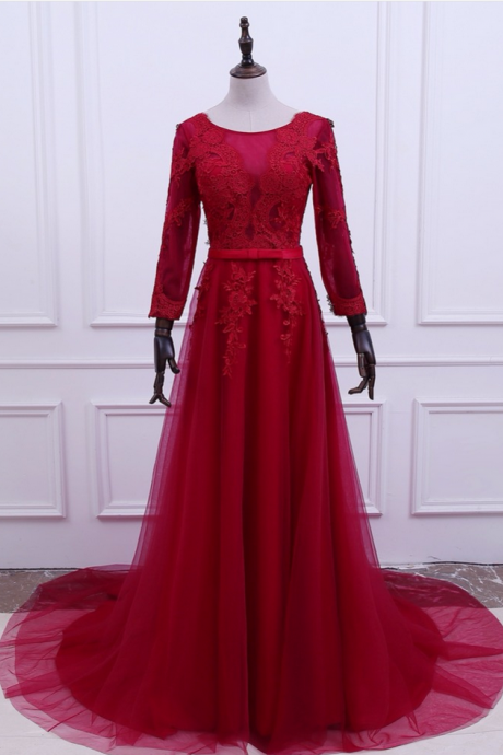 Exy Court Train A-line Dark Red Appliques Evening Dress Robe De Soiree Lace-up Back Prom Dresses