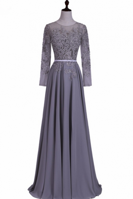 Chiffon Evening Dress Fashion Grey O-neck Long Appliques Beading Formal Dress Prom Party Dresses With Long Sleeves