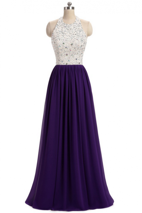 Chiffon Evening Dresses A-line Special Occasion Dresses Halter Beading Purple Chiffon Formal Dresses