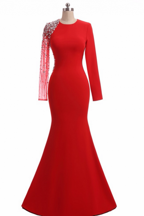 Mermaid Evening Dresses High Quality Special Occasion Dresses Beading Long Red Formal Dresses With Long Sleeves