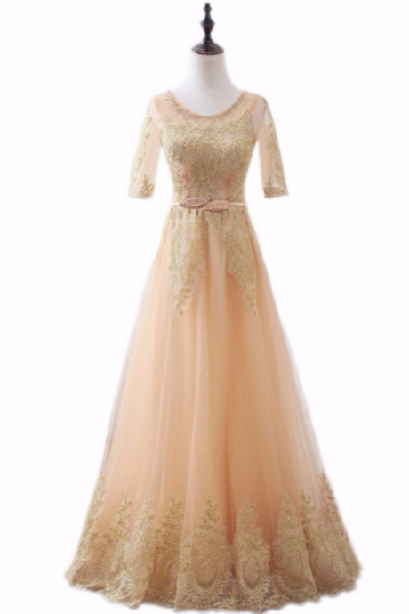 Elegant Floor-length Appliques Beading Evening Dress Prom Dresses Robe De Soiree Party Dress With Half Sleeves