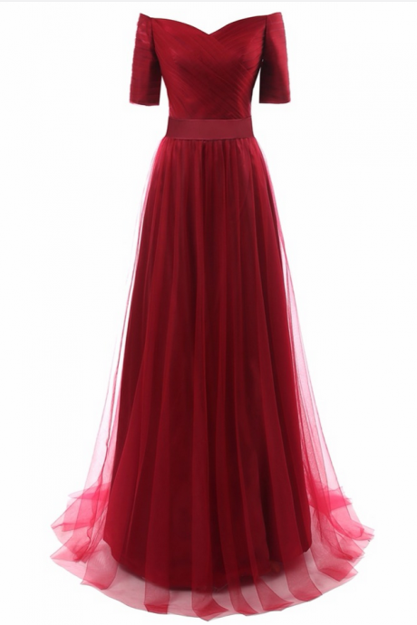 Robe De Soiree V-neck Dark Red A-line Evening Dresses Pleat Custom Made Lace-up Back Prom Gown With Half Sleeves