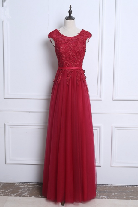 Robe De Soiree Wine Red Appliques Beading Sexy Lace-up Back Evening Dresses Bride Banquet Elegant Party Prom Dress