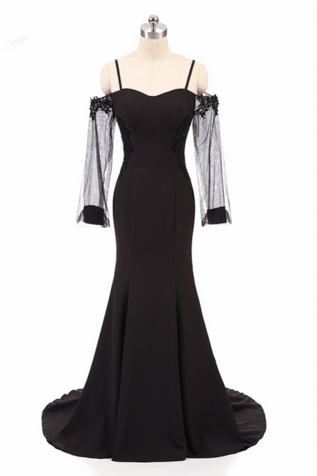 Black Mermaid Evening Dress Appliques Beading Sexy Prom Dresses Robe De Soiree Party Dress With Sweep Train