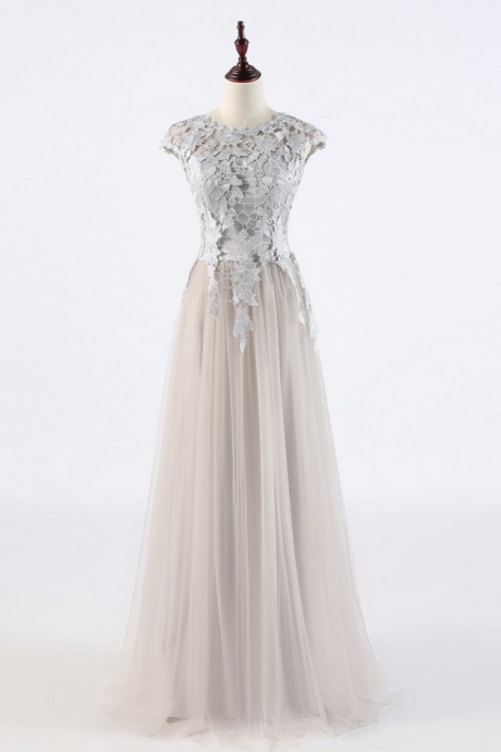Net Long Evening Dress Robe De Soiree Custom Empire Lace Prom Dresses With Cap Sleeve