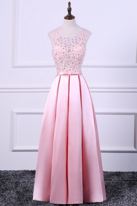 Elegant Appliques Beads Long A-line Vestido Satin Sleeveless Pink Prom Dress Women Formal Evening Dresses