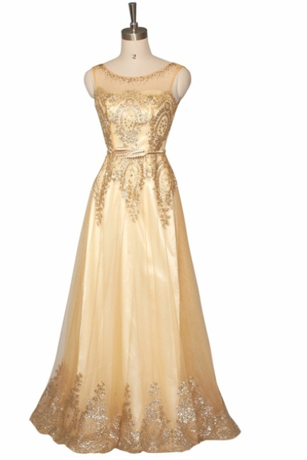 Elegant V-opening Back Golden Evening Dress Long Lace Up Prom Party Dress Formal Dresses