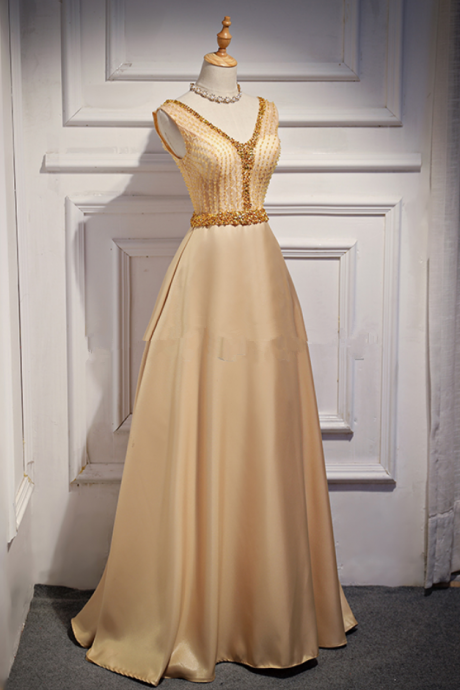 Sexy V-neck Golden Evening Dress Gowns Floor-length Long Formal Party Dresses Lace-up Back