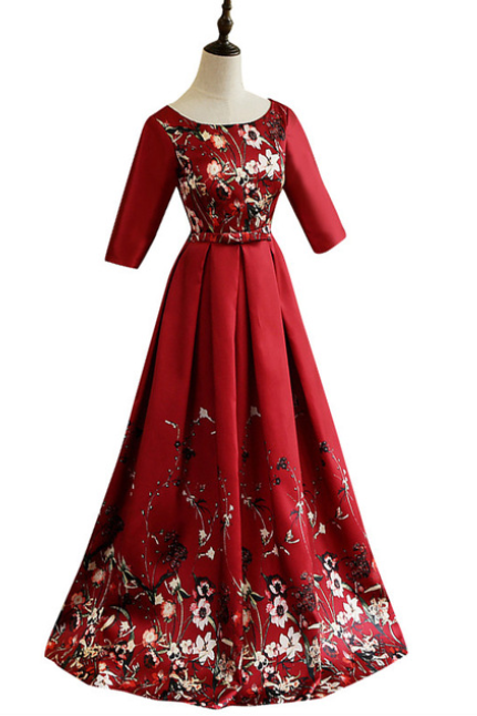 Elegant A-line Satin Floral Evening Dress Half Sleeve Evening Gown Formal Dress Party Dresses
