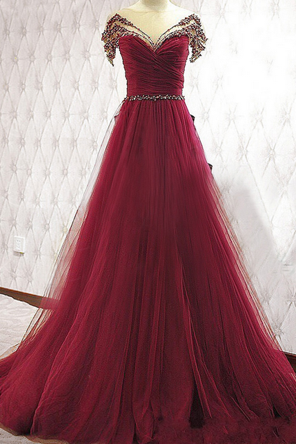 Beaded A Line Wedding Guests Gowns Red Evening Dress Crystal V-neck Robe De Soiree Long Prom Dresses