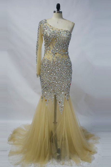 Champagne Mermaid Evening Dresses Long Sleeve One Shoulder Rhinestone Beaded Elegant Women Long Prom Dresses