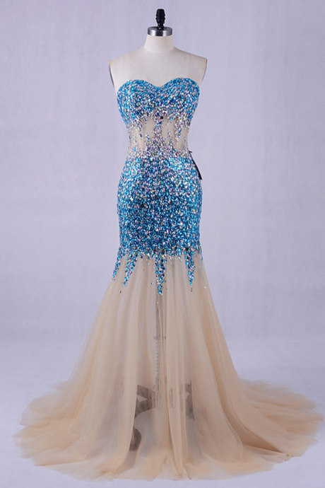 Evening Dress With Crystal Long Formal Tulle Champagne Women Mermaid Prom Gowns Party Dresses