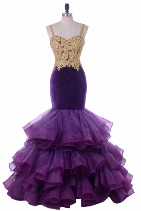 Purple Mermaid Evening Dress Ruffles Gold Lace Beaded Long Prom Dresses Arabic Women Formal Party Dress