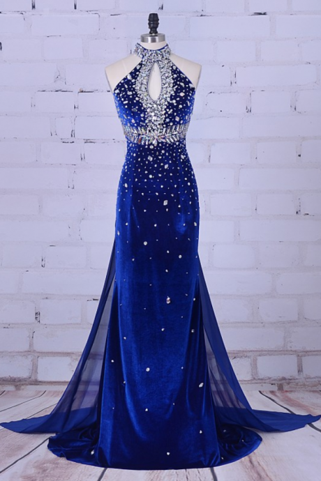 Luxury Mermaid Evening Gowns Royal Blue Velvet Prom Dresses High Neck Crystal For Formal Dress Women Wedding Party