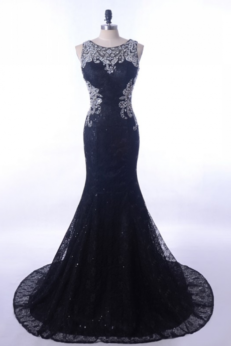 Vintage Lace Black Mermaid Evening Dress Luxury Crystals Elegant Women Long Prom Dresses Robe Formal Party Gowns