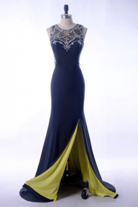 Navy Blue Evening Dress Mermaid Crystals Beading Long Elegant Prom Dresses Side Split Spandex Sexy Women Party Gown
