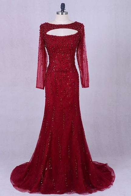 Burgundy Evening Dress Mermaid Luxury Pearls Beading Lace Elegant Women Long Sleeve Prom Dresses Sheer Illusion Party Gowns