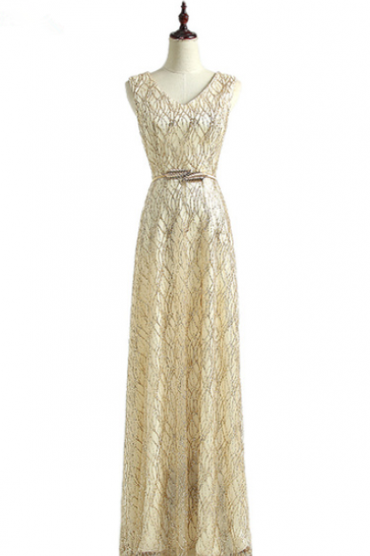 Double-shoulder V-neck Formal Lace Up Long Design Gold Color Evening Dress