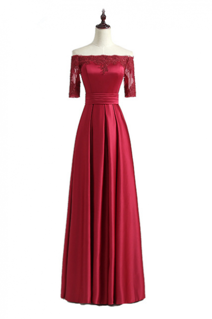 Burgundy Lace Embroidery Luxury Satin Half Sleeved Long Evening Dress Elegant Banquet Robe De Soiree