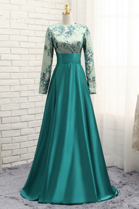 Green Muslim Evening Dresses A-line Long Sleeves Satin Sequins Elegant Long Saudi Arabic Evening Gown Prom Dresses