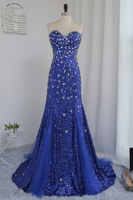 Real Sample Evening Dresses Mermaid Sweetheart Royal Blue Crystals Long Evening Gown Prom Dress Prom Gown