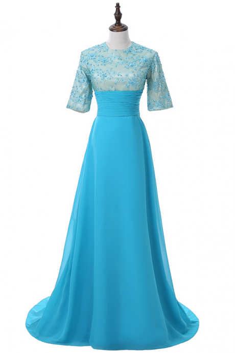 Blue Evening Dresses A-line Short Sleeves Chiffon Lace Beaded Women Long Evening Gown Prom Dress Prom Gown Robe De Soiree